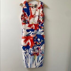 Gabby Skye floral sleeveless pencil midi dress 8 white blue red bodycon summer